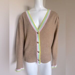 Crown & Ivy Tan Beige Cardigan Sweater Rainbow Trim Gold Heart Snaps Size Medium